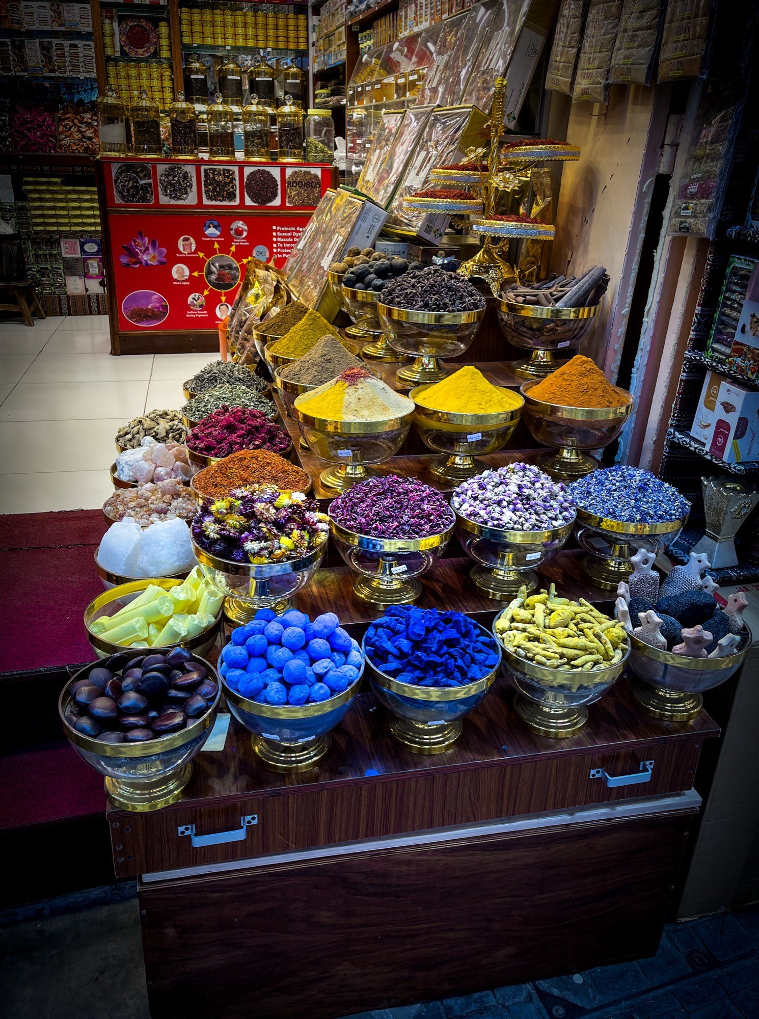 Spices, frankincense and dried flowers in Muscat's souq